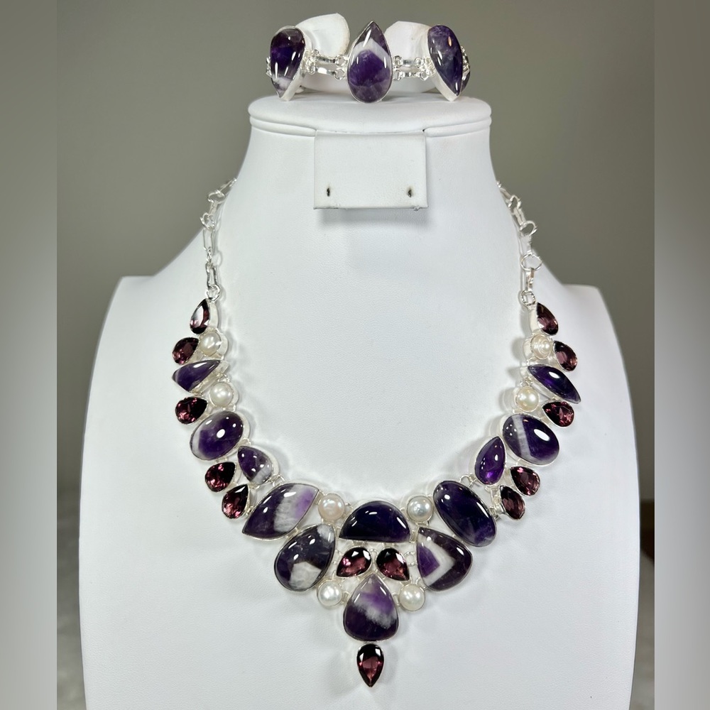 Chevron Amethyst Pearl 925 Large Gemstone Necklace & Bracelet